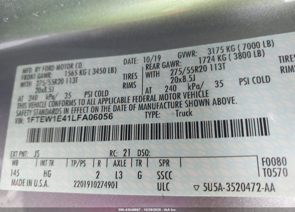 2020 FORD F-150 LARIAT VIN: 1FTEW1E41LFA06056