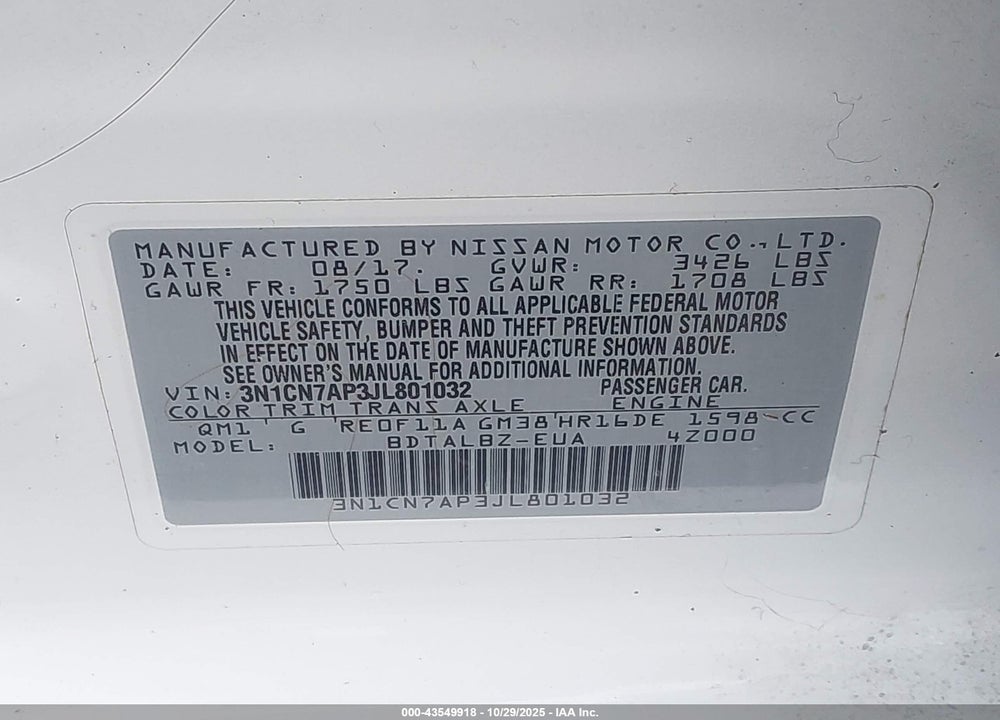 2018 NISSAN VERSA 1.6 SV VIN: 3N1CN7AP3JL801032