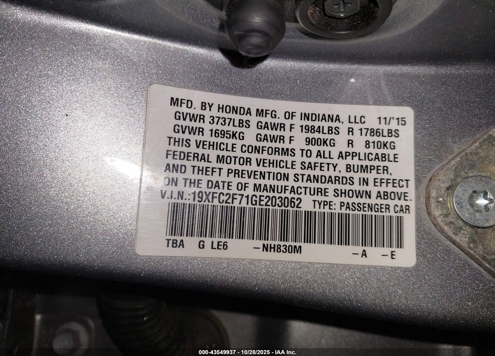 2016 HONDA CIVIC SEDAN EX VIN: 19XFC2F71GE203062