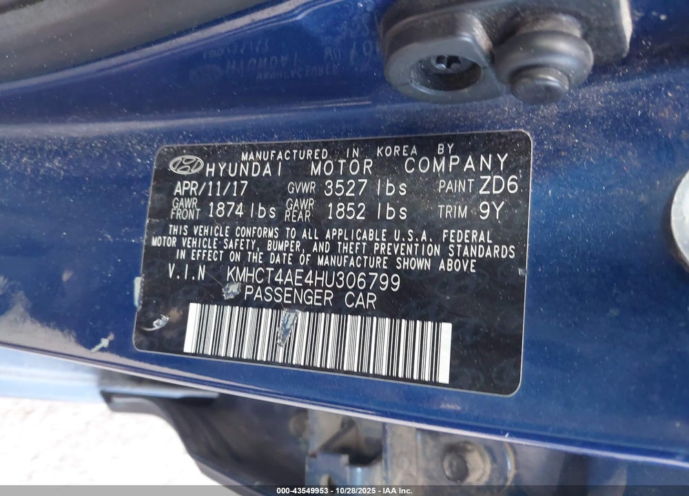 2017 HYUNDAI ACCENT SE VIN: KMHCT4AE4HU306799