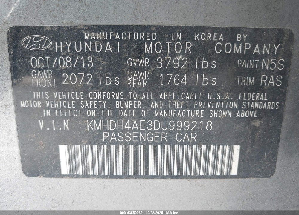 2013 HYUNDAI ELANTRA VIN: KMHDH4AE3DU999218