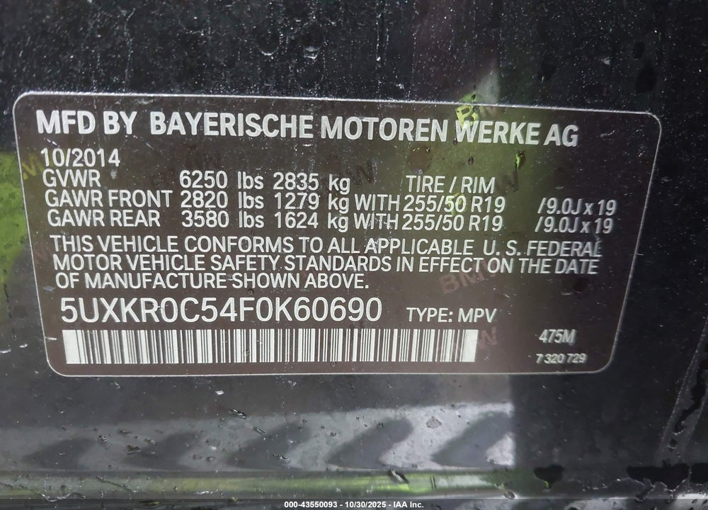 2015 BMW X5 XDRIVE35I VIN: 5UXKR0C54F0K60690