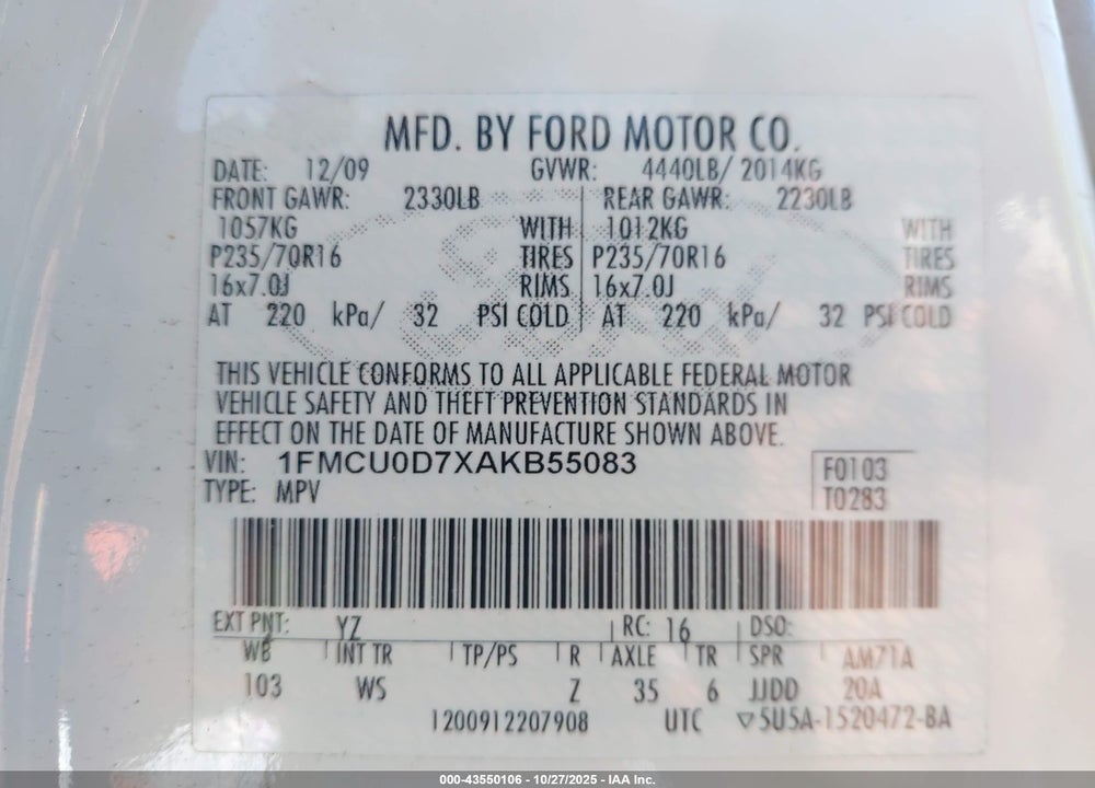 2010 FORD ESCAPE VIN: 1FMCU0D7XAKB55083