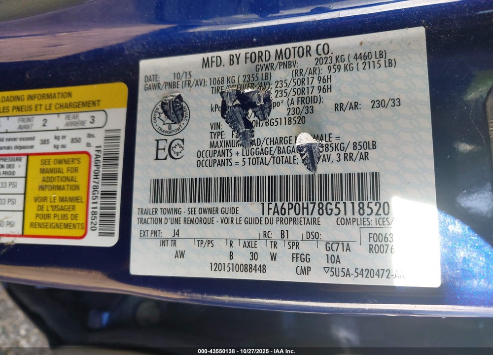 2016 FORD FUSION VIN: 1FA6P0H78G5118520