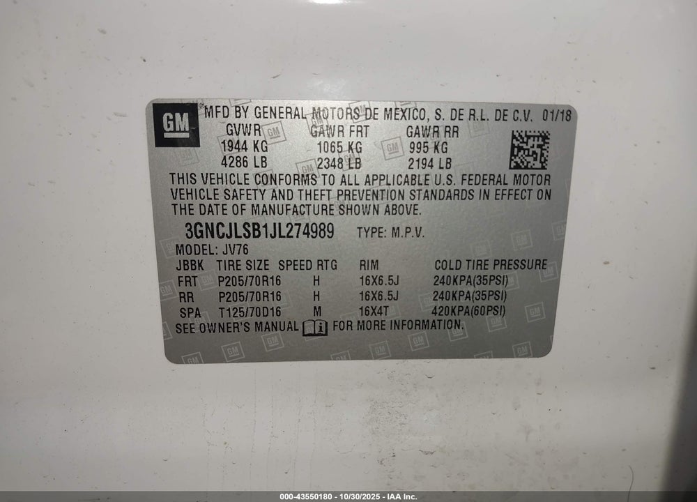 2018 CHEVROLET TRAX LT VIN: 3GNCJLSB1JL274989