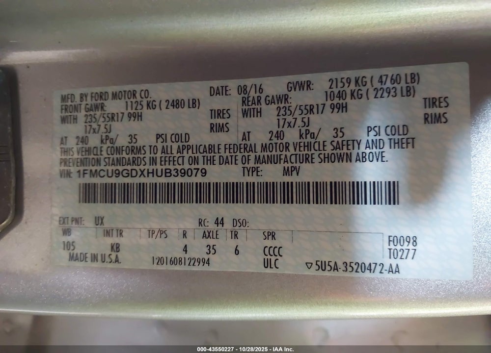 2017 FORD ESCAPE SE VIN: 1FMCU9GDXHUB39079