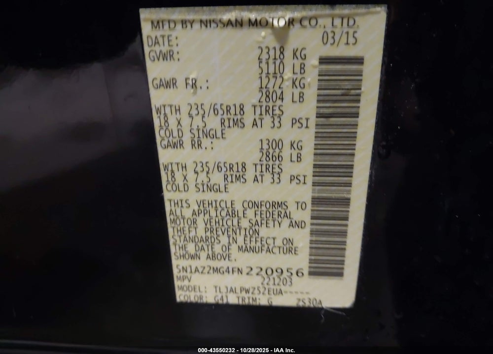 2015 NISSAN MURANO S VIN: 5N1AZ2MG4FN220956