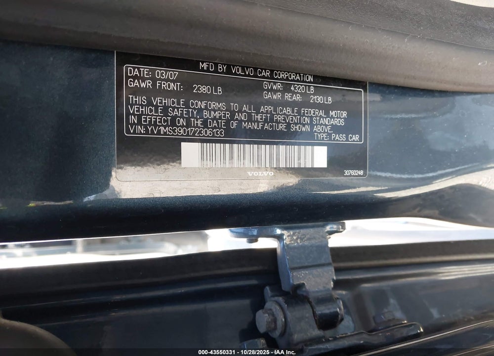2007 VOLVO S40 2.4I VIN: YV1MS390172306133