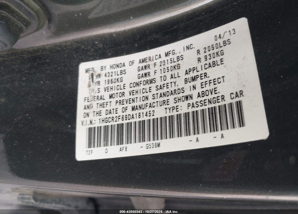 2013 HONDA ACCORD EX-L VIN: 1HGCR2F89DA181452