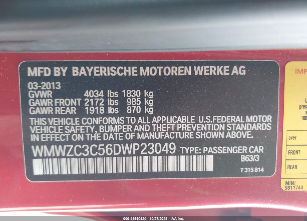 2013 MINI COUNTRYMAN VIN: WMWZC3C56DWP23049