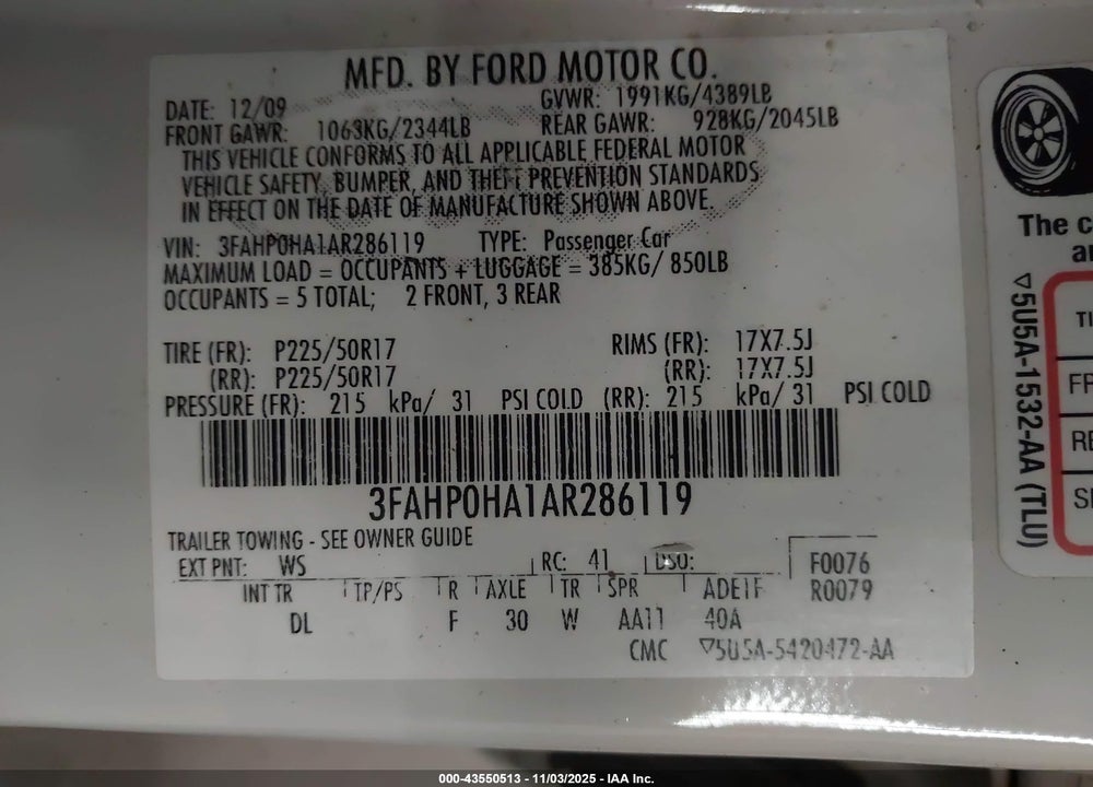 2010 FORD FUSION VIN: 3FAHP0HA1AR286119