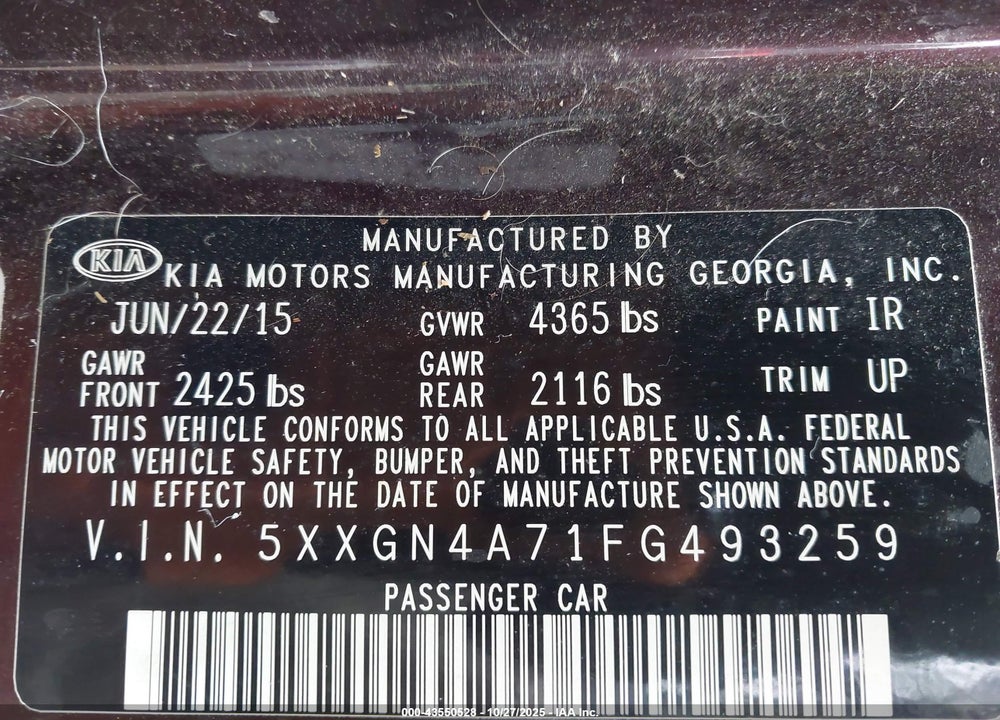 2015 KIA OPTIMA EX VIN: 5XXGN4A71FG493259