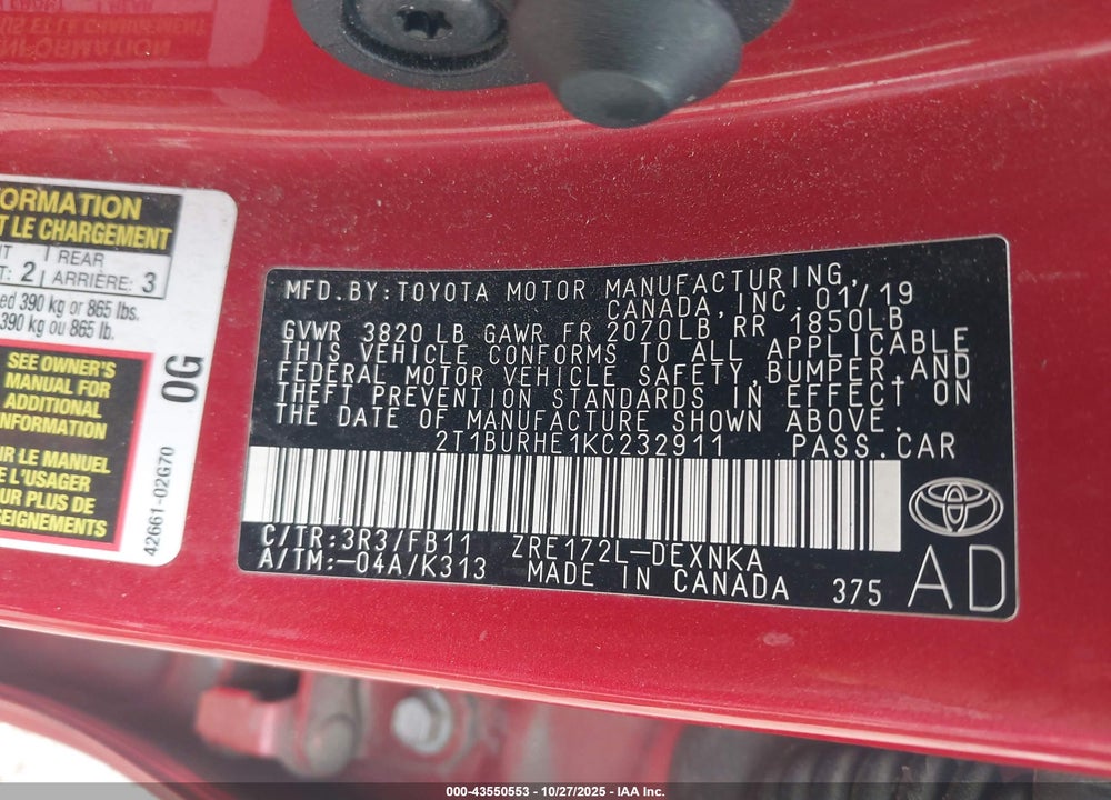 2019 TOYOTA COROLLA LE VIN: 2T1BURHE1KC232911