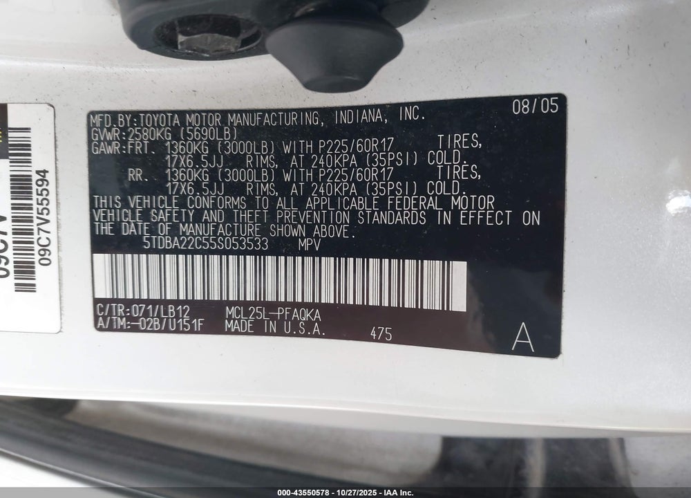 2005 TOYOTA SIENNA XLE LIMITED VIN: 5TDBA22C55S053533