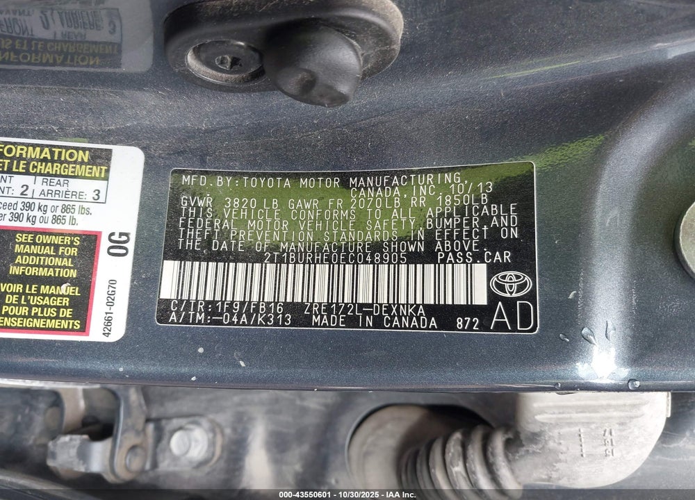 2014 TOYOTA COROLLA LE VIN: 2T1BURHE0EC048905