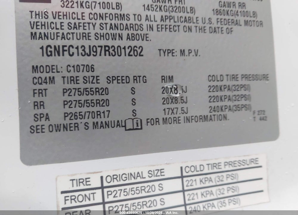 2007 CHEVROLET TAHOE LT VIN: 1GNFC13J97R301262