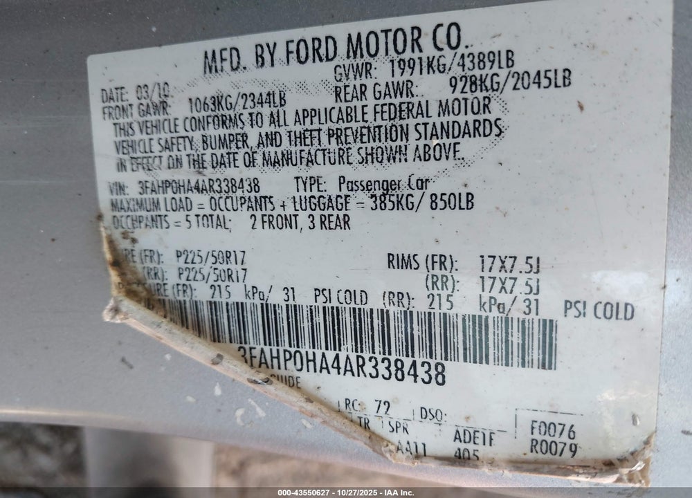 2010 FORD FUSION SE VIN: 3FAHP0HA4AR338438