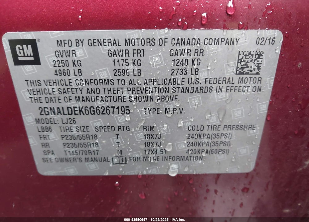 2016 CHEVROLET EQUINOX LTZ VIN: 2GNALDEK6G6267195
