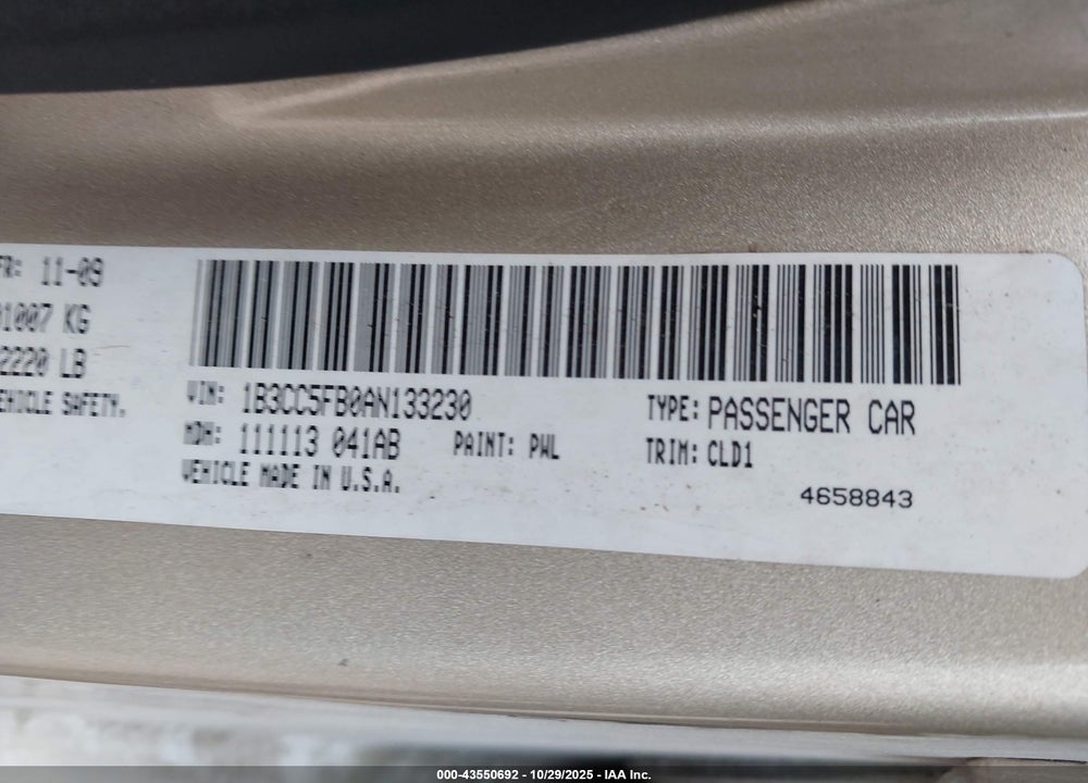 2010 DODGE AVENGER VIN: 1B3CC5FB0AN133230