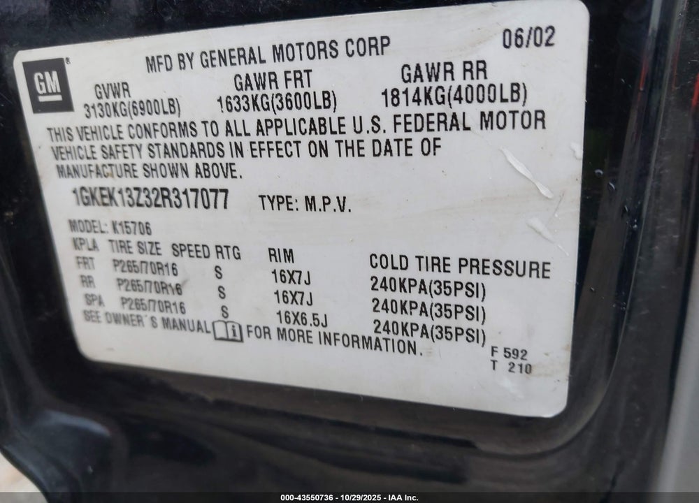 2002 GMC YUKON SLT VIN: 1GKEK13Z32R317077