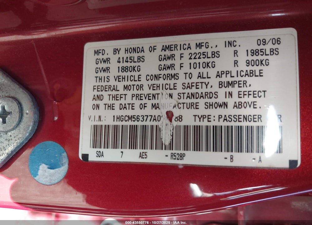 2007 HONDA ACCORD VIN: 1HGCM56377A022888