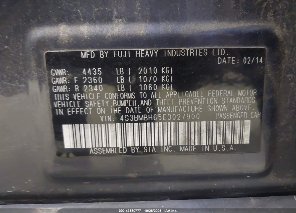 2014 SUBARU LEGACY VIN: 4S3BMBH65E3027900