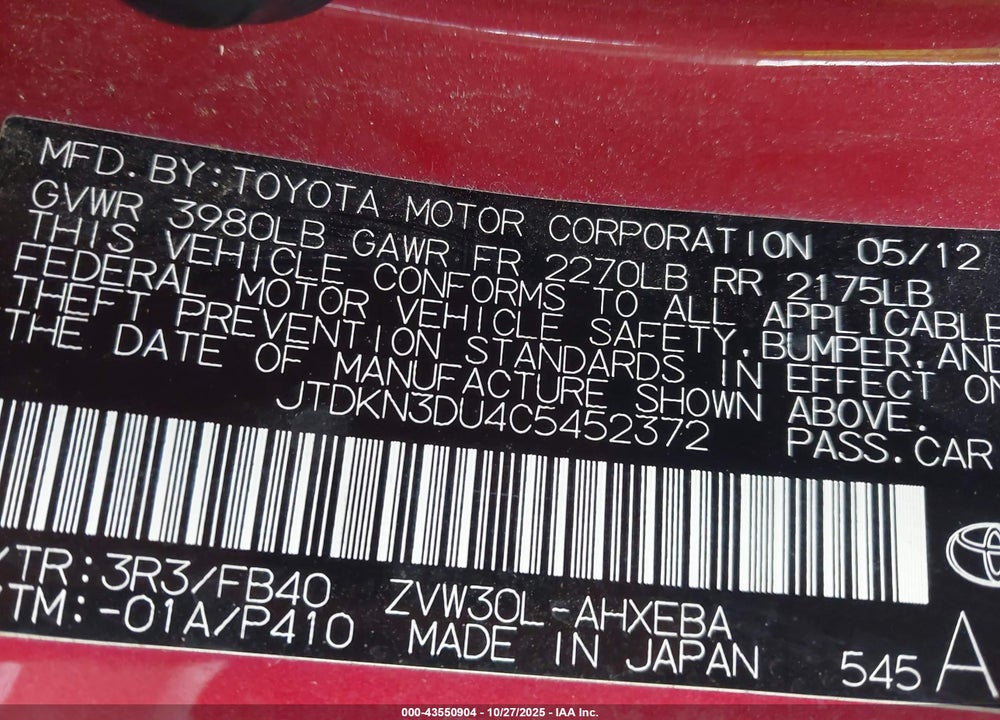 2012 TOYOTA PRIUS VIN: JTDKN3DU4C5452372