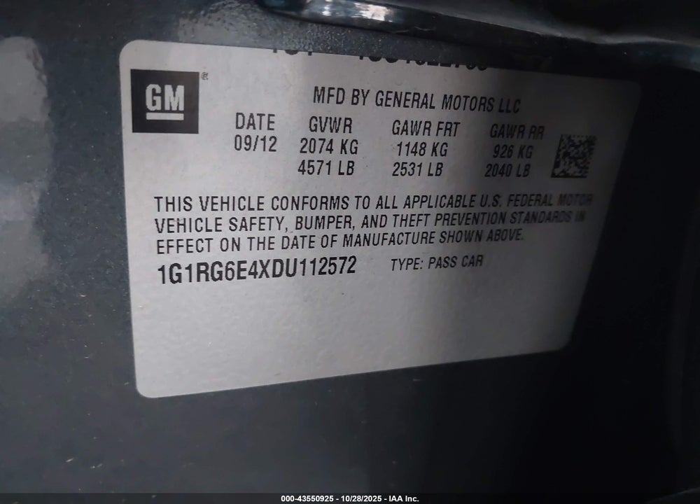 2013 CHEVROLET VOLT VIN: 1G1RG6E4XDU112572
