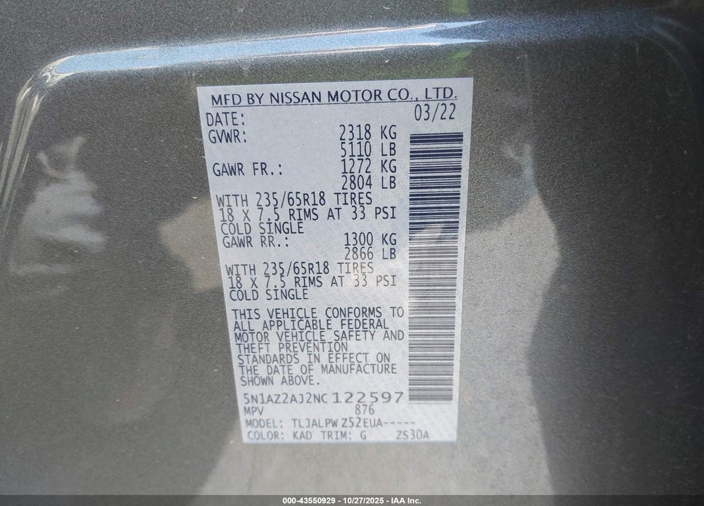 2022 NISSAN MURANO S FWD VIN: 5N1AZ2AJ2NC122597