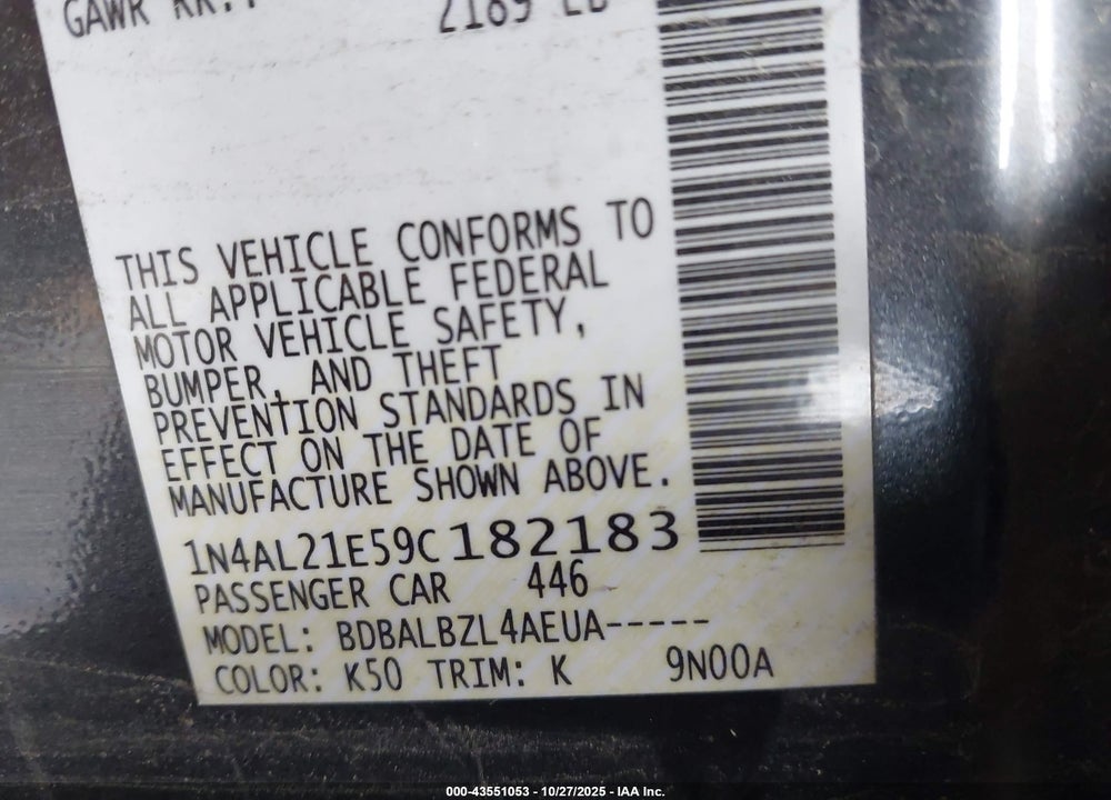 2009 NISSAN ALTIMA VIN: 1N4AL21E59C182183