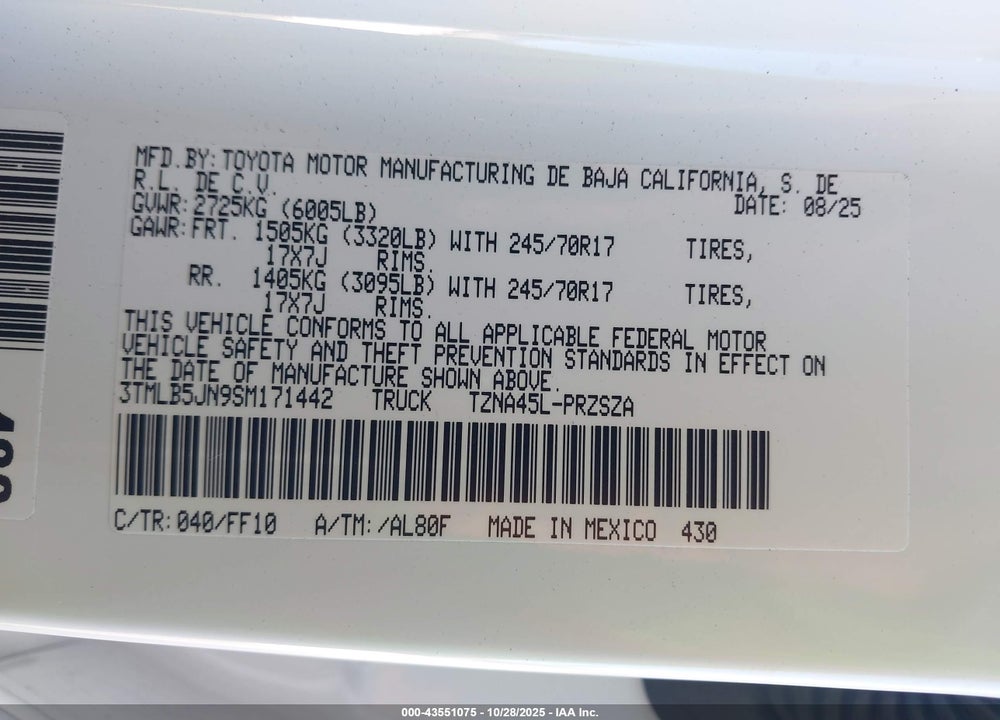 2025 TOYOTA TACOMA SR5 VIN: 3TMLB5JN9SM171442