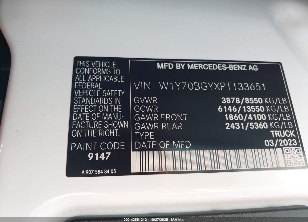 2023 MERCEDES-BENZ SPRINTER 1500 STANDARD ROOF 4-CYL GAS VIN: W1Y70BGYXPT133651