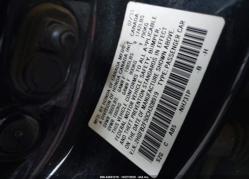 2012 HONDA CIVIC VIN: 2HGFB2F50CH308919