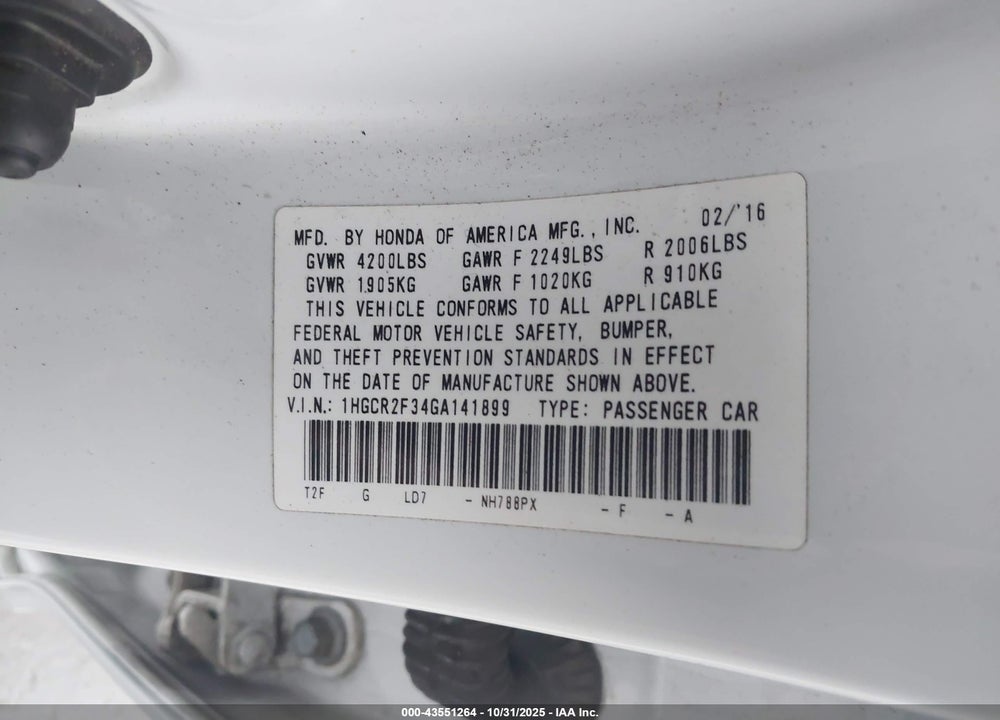 2016 HONDA ACCORD LX VIN: 1HGCR2F34GA141899