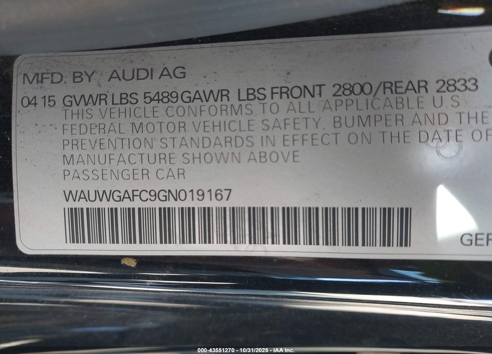 2016 AUDI A7 3.0T PREMIUM PLUS VIN: WAUWGAFC9GN019167