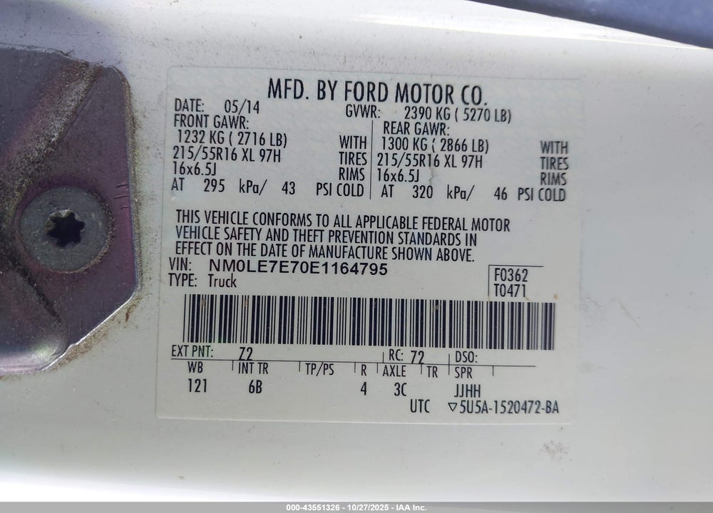 2014 FORD TRANSIT CONNECT XL VIN: NM0LE7E70E1164795
