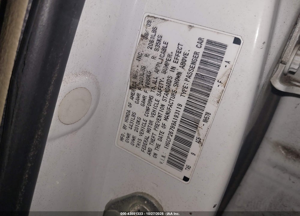 2009 HONDA ACCORD VIN: 1HGCP26799A193119