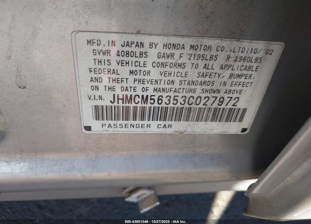2003 HONDA ACCORD VIN: JHMCM56353C027972