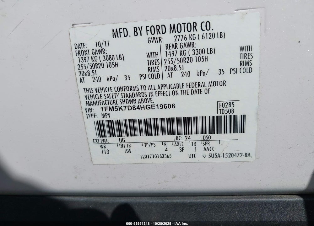2017 FORD EXPLORER XLT VIN: 1FM5K7D84HGE19606