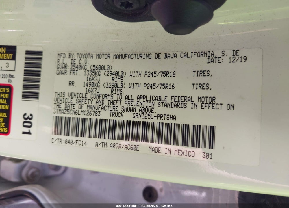 2020 TOYOTA TACOMA SR5 V6 VIN: 3TMAZ5CN6LM126783