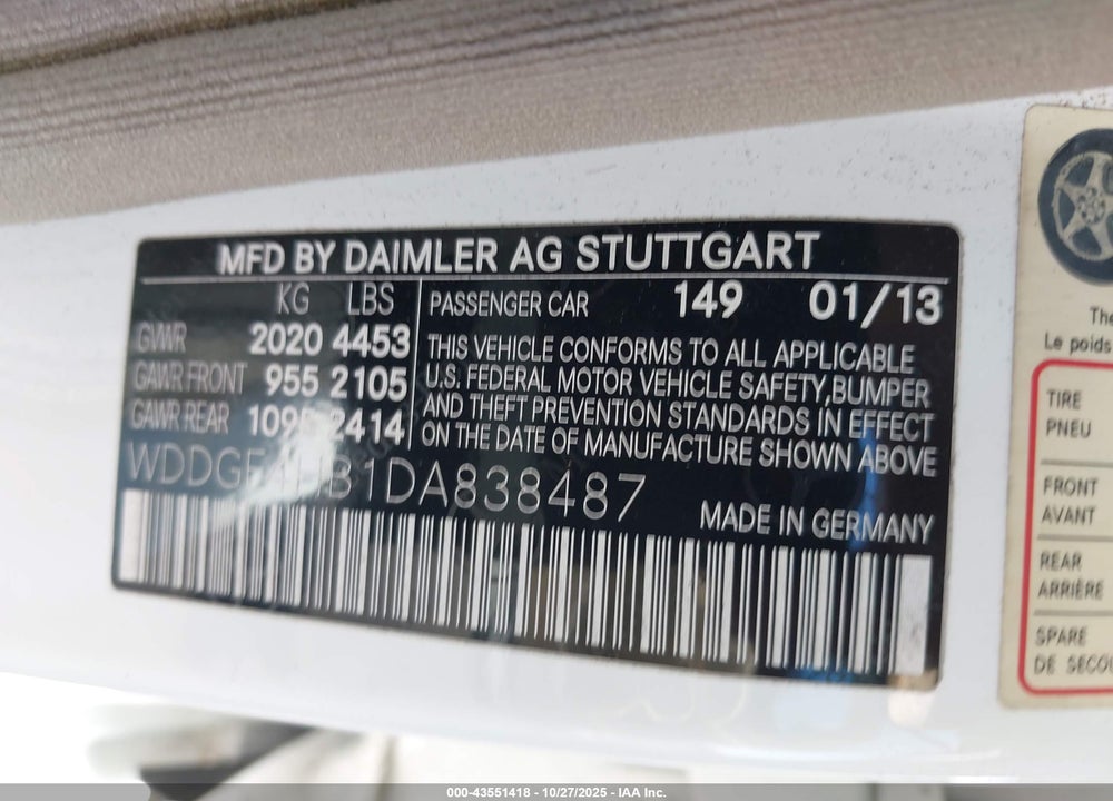2013 MERCEDES-BENZ C 250 SPORT VIN: WDDGF4HB1DA838487