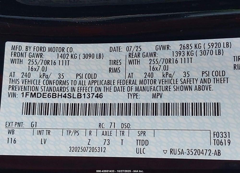 2025 FORD BRONCO VIN: 1FMDE6BH4SLB13746