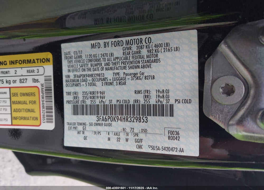 2017 FORD FUSION PLATINUM VIN: 3FA6P0K94HR329853