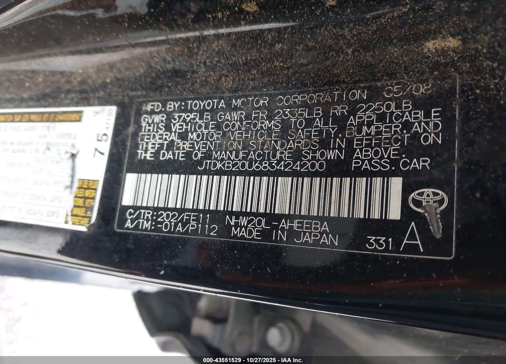 2008 TOYOTA PRIUS VIN: JTDKB20U683424200