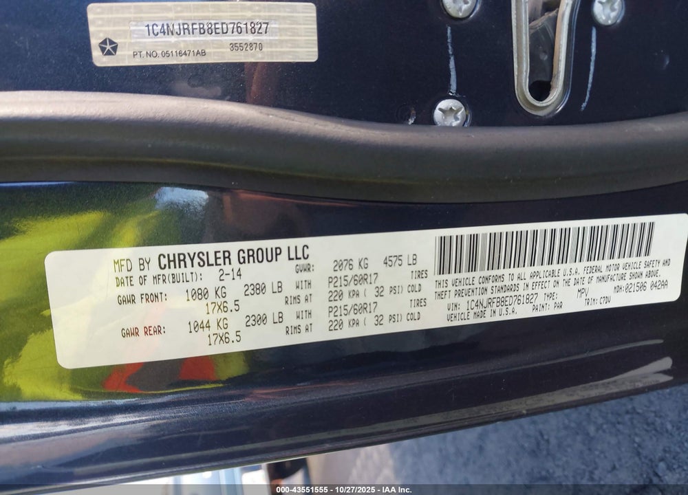 2014 JEEP PATRIOT LATITUDE VIN: 1C4NJRFB8ED761827