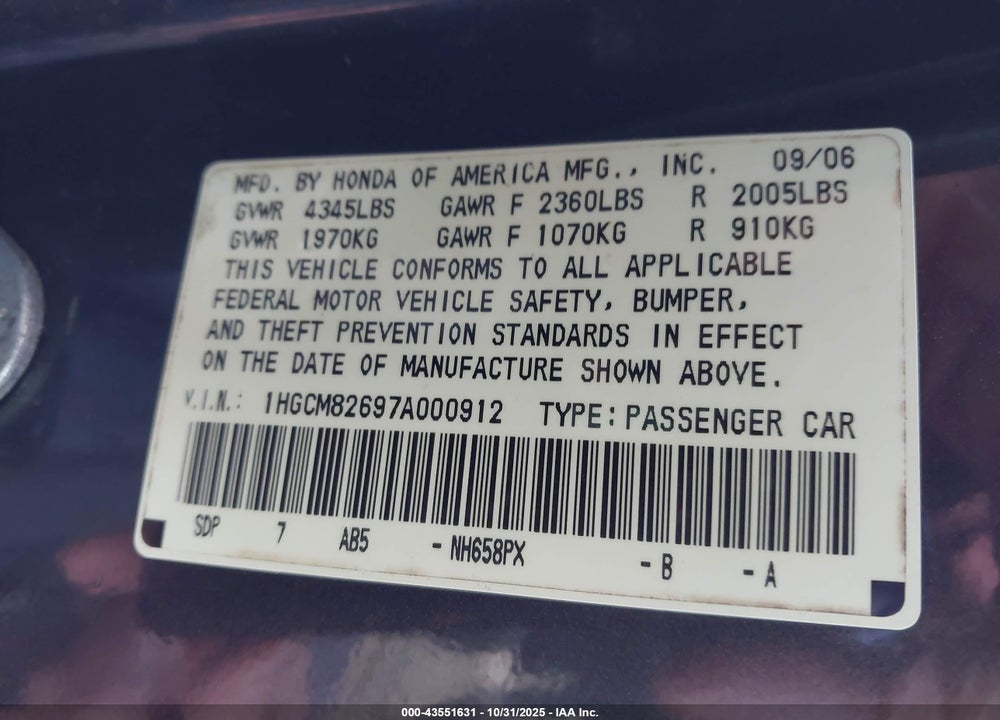 2007 HONDA ACCORD VIN: 1HGCM82697A000912
