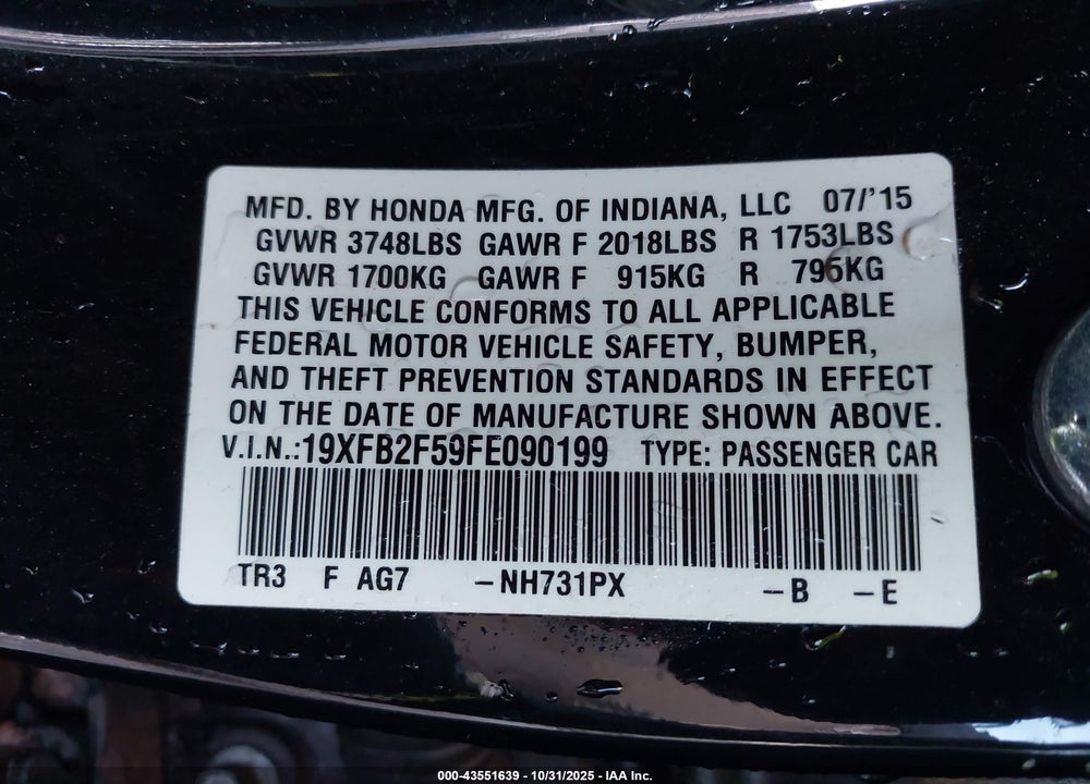 2015 HONDA CIVIC VIN: 19XFB2F59FE090199