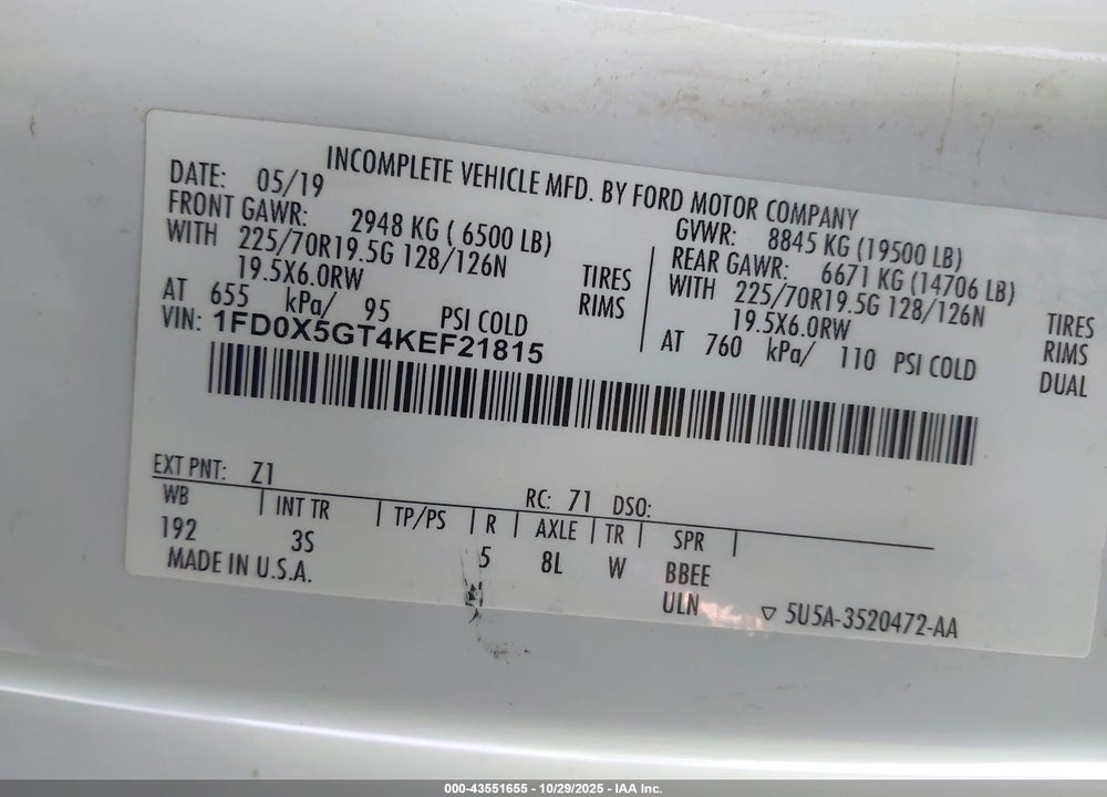 2019 FORD F-550 CHASSIS XLT VIN: 1FD0X5GT4KEF21815