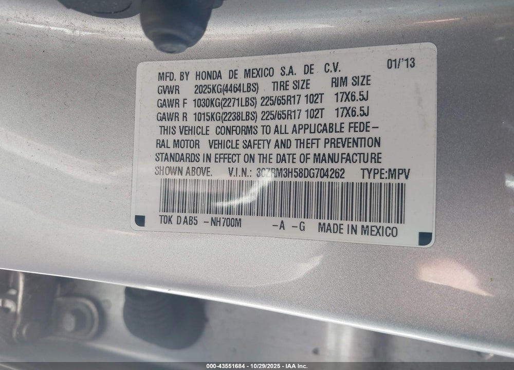 2013 HONDA CR-V VIN: 3CZRM3H58DG704262