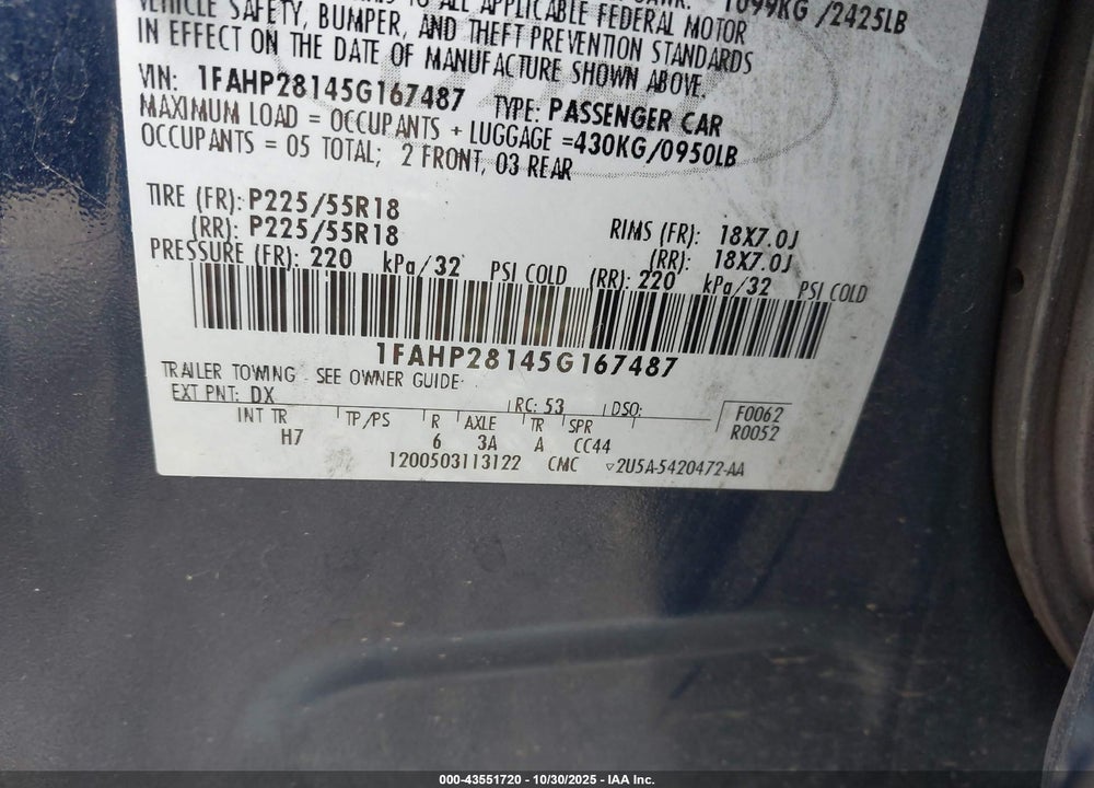 2005 FORD FIVE HUNDRED LIMITED VIN: 1FAHP28145G167487